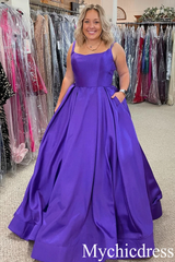 A Line Satin Purple Evening Dresses Open Back Formal Graduation Dress
