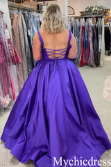 A Line Satin Purple Evening Dresses Open Back Formal Graduation Dress