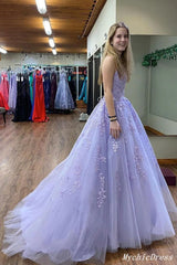Long Strapless Lace Prom Dresses Purple Floor Length Evening Dress