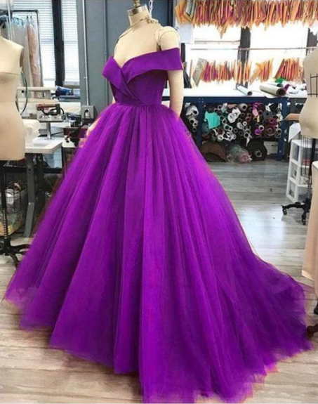 A Line Off the Shoulder 2024 Purple Tulle Prom Dresses Long Evening Go ...