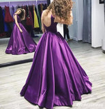 Simple A Line Purple Prom Dresses Satin Cap Sleeves Long Eveing Dresses