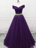 A Line Off the Shoulder Tulle Purple Prom Dresses with Beaded