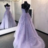 Purple Lace Prom Dresses A Line Long Evening Gown