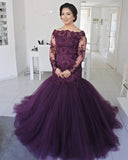 Purple Long Sleeves Plus Size Prom Dresses Lace Mermaid Formal Evening Gowns