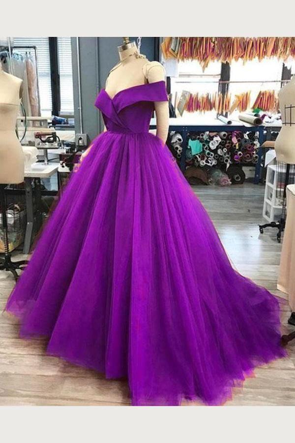A Line Off the Shoulder 2024 Purple Tulle Prom Dresses Long Evening Go –  MyChicDress