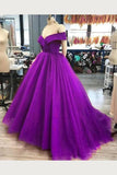 A Line Off the Shoulder Purple Tulle Prom Dresses Long Evening Gown