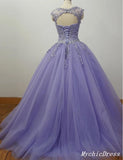 Hot Purple Lace Tulle Quinceanera Dresses Sequin Long Formal Prom Dresses