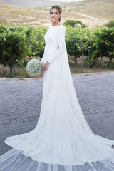 Simple Long Sleeves White Beach Wedding Dresses Low Back