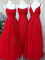 A Line Lace Red Prom Dresses Long Spaghetti Back Crossed
