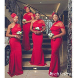 Red Mermaid Bridesmaid Dresses One Shoulder Tulle Wedding Guest Dresses