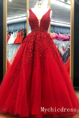 A Line Sleeveless 2024 Red Lace Prom Dressses V Neck Applique Formal Dresses