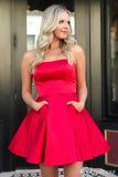 Simple Short Red Satin Homecoming Dresses Strapless with Pockets