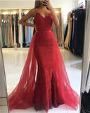 Mermaid Lace Red Prom Dresses Spaghetti Straps with Detachable Train