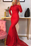 Sexy Mermaid Long Sleeves Red Lace Prom Dresses