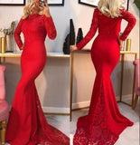 Sexy Mermaid Long Sleeves Red Lace Prom Dresses