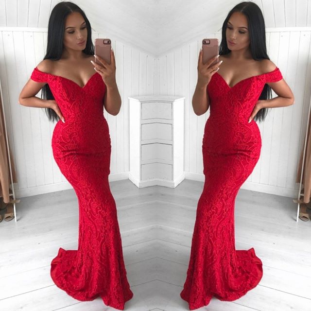 Hot Mermaid Red Lace Off the Shoulder Prom Dresses – MyChicDress