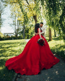 Red Prom Dresses Ball Gown Lace V Neck Sleeveless Wedding Dresses wiht Train