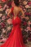 See Through Lace Red Prom Dresses One Shoulder Evening Gown