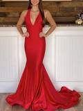 Long Satin Red Evening Dresses Mermaid V Neck Cheap Prom Dress