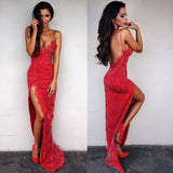 Cheap Sexy Red Backless Prom Dress Side-Slit Spaghetti Straps Evening Dress