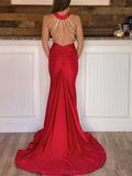 Long Satin Red Evening Dresses Mermaid V Neck Cheap Prom Dress
