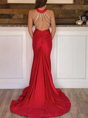 2024 Long Satin Red Evening Dresses Mermaid V Neck Cheap Prom Dress