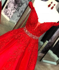 Red Lace Formal Prom Dresses Tulle Off Shoulder Long Beaded Evening Dress