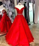 Red Lace Formal Prom Dresses Tulle Off Shoulder Long Beaded Evening Dress