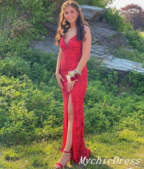 2024 Red Sequin Prom Dresses V Neck Spaghetti Straps Split