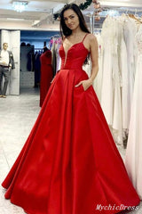 A Line Simpe Red Prom Dresses V Neck Long Evening Formal Dress