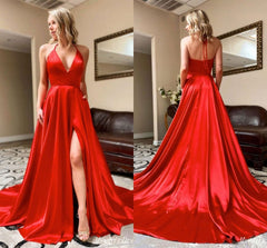 Sexy Red Satin Prom Dresses V Neck Long Evening Formal Gown with Split