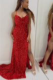 Long Red Sequin Prom Evening Dress Mermaid Side Slit Wedding Guest Dress