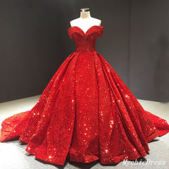 2024 Sparkly Red Ball Gown Wedding Dresses Sequin Off the Shouder Quince Dress