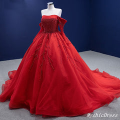 Crystal Long Sleeve Red Quince Dresses Off Shoulder Pearls Wedding Dress