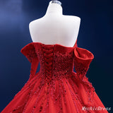 Crystal Long Sleeve Red Quince Dresses Off Shoulder Pearls Wedding Dress