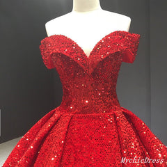 2024 Sparkly Red Ball Gown Wedding Dresses Sequin Off the Shouder Quince Dress
