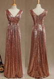 A Line Rose Gold Sequin Bridesmaid Dresses Long Glitter Wedding Guest Dress