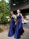 Sheath Long Royal Blue Bridesmaid Dresses V Neck Pleated Sleeveless
