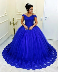 Best Royal Blue Quinceanera Dresses Beaded Lace Off Shoulder Sweet 16 Dress