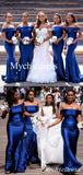 Long Satin Mermaid Bridesmaid Dresses Royal Blue Wedding Guest Dress Off Shoulder