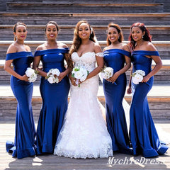 Long Satin Mermaid Bridesmaid Dresses Royal Blue Wedding Guest Dress Off Shoulder