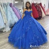 Off the Shoulder Flowers Beaded Royal Blue Ball Gown Quinceanera Dresses