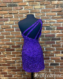 Short Purple Sequin Prom Dresses One Shoulder Hoco Dresses