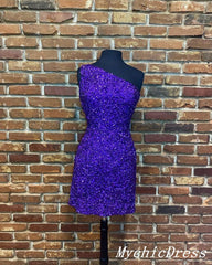 Short Purple Sequin Prom Dresses One Shoulder Hoco Dresses