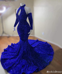 Gorgeous High Neck Long Sleeve Royal Blue Prom Dresses Sequins Party Dress