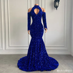 Gorgeous High Neck Long Sleeve Royal Blue Prom Dresses Sequins Party Dress