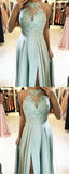 Long Halter Sage Green Prom Dresses Lace Chiffon Formal Dresses