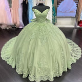 Hot Lace Sage Green Quinceanera Dresses Applique Off Shoulder Sweet 16 Dress
