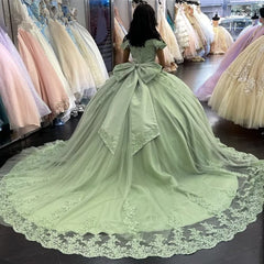 2024 Lace Sage Green Quinceanera Dresses Applique Off Shoulder Sweet 16 Dress