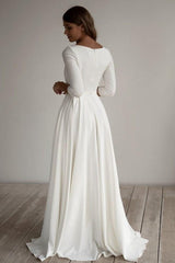Simple Floor Length 3/4 Sleeves Satin Wedding Dresses with Pockets